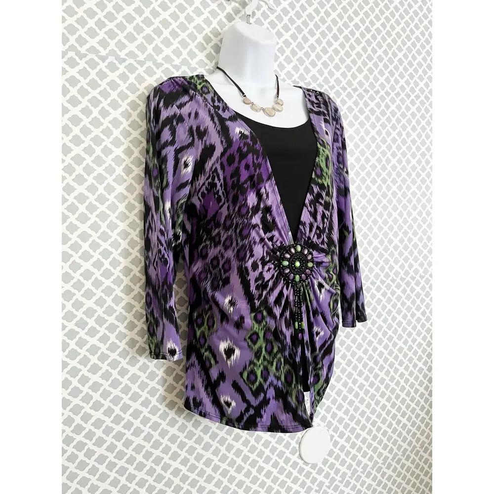 NOTATIONS Purple Geometric Blouse M | Beaded Accent Layered Top